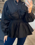 Ruffle design around chest and hem cotton shirt in black