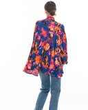 Wild Bloom multi color print oversized shirt with tie up bow design in blue