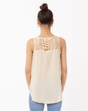 Cream Lace Chiffon Top Shirt Blouse with Front Cross Strip Back
