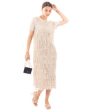Pleated Midi dress with multi layer fringed tassel design in Cream