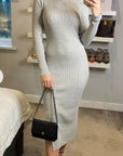 Ribbed midi Knit dress long sleeves in plain grey