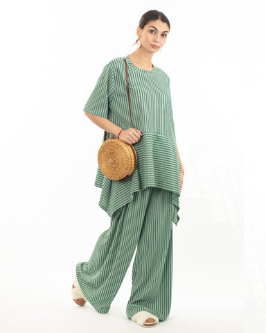 Strip print stretch-jersey top and Relaxed-fit trousers in green