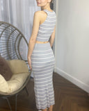 Knitted stripe print vest top and midi skirt co-ords set in grey