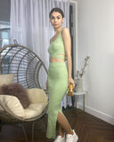Knitted bodycon style vest top with tie up design and midi pencil skirt co-ords set in green