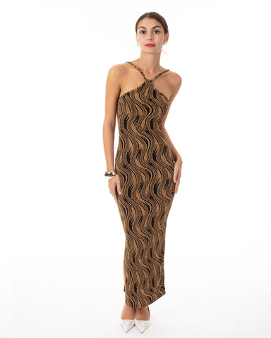 High-neck sleeveless metallic-knit with pattern print maxi dress in Gold