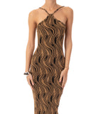 High-neck sleeveless metallic-knit with pattern print maxi dress in Gold