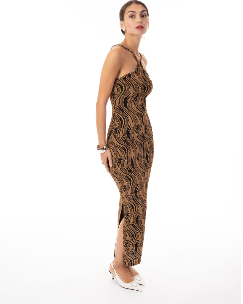 High-neck sleeveless metallic-knit with pattern print maxi dress in Gold