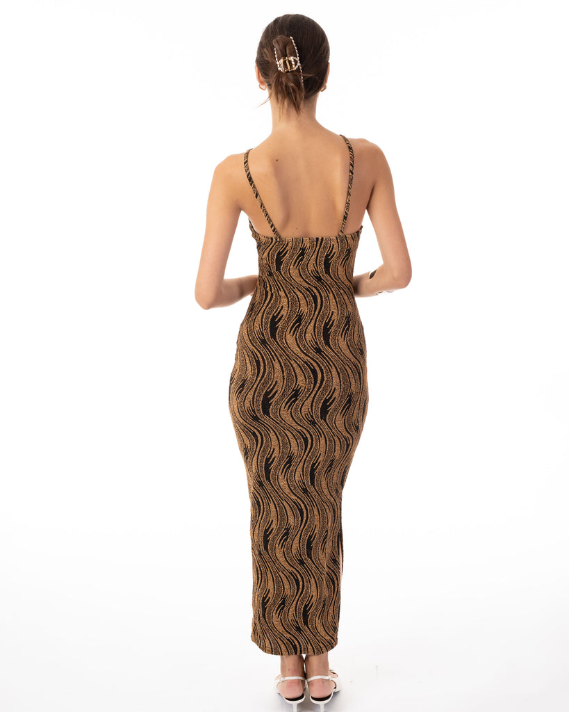 High-neck sleeveless metallic-knit with pattern print maxi dress in Gold