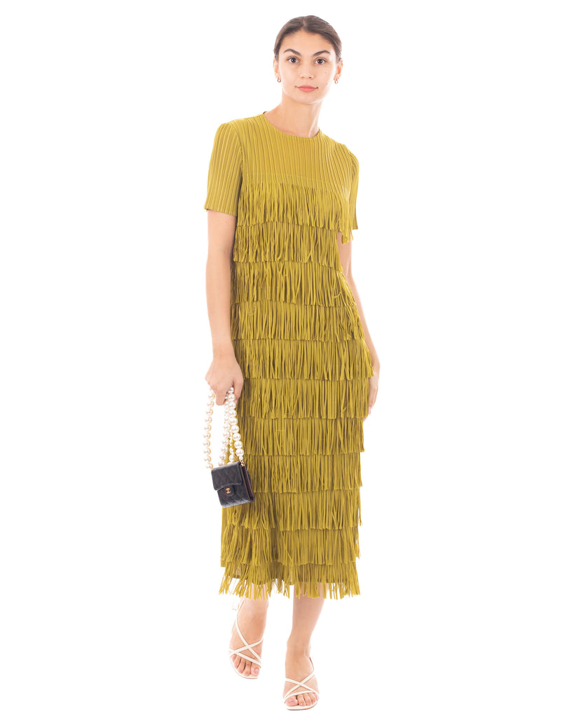 Pleated Midi dress with multi layer fringed tassel design in Green