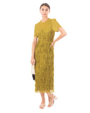 Pleated Midi dress with multi layer fringed tassel design in Green