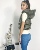 Fuax Fur Short Gilet with removeable hoody in green