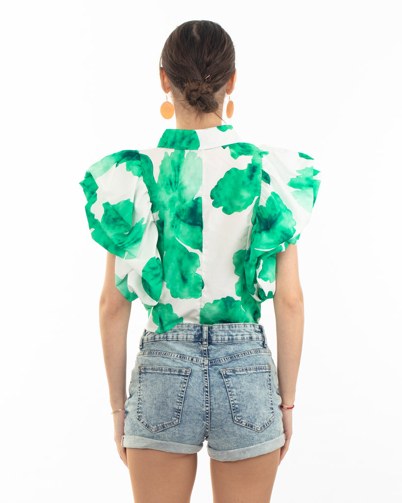 Green leaves' print with double layer sleeves design crop shirt top