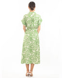 Multi Leaves' print Cotton Linen shirt dress short sleeves in Green
