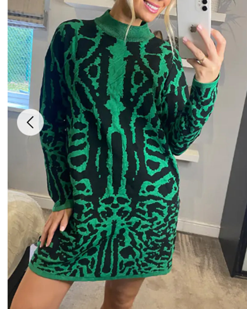 Fine Knit Leopard Print Pattern design Jumper in Green