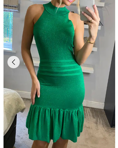 High Neck Pleated Metallic Bodycon  Dress Knee Length In Green