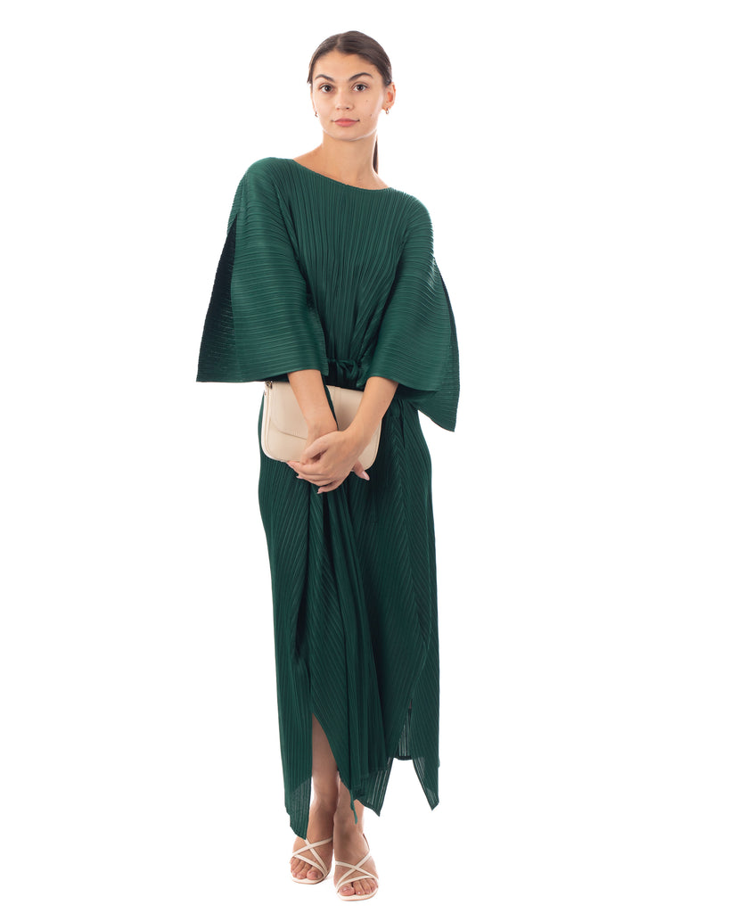 Full Length Pleated maxi dress with cap sleeves in Green