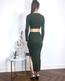 Scalloped shape knit top with diamonded chain embellish and midi skirt co-ords in Green