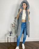 Plus Size Faux Fur Long Gilet with Hoodie in grey