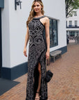 Multi Diamond and Pearl Embellished Open Back Maxi Dress