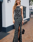 Multi Diamond and Pearl Embellished Open Back Maxi Dress