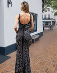 Multi Diamond and Pearl Embellished Open Back Maxi Dress