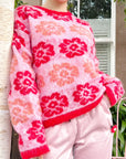 Red And Pink Floral Pattern Soft Knit Jumper