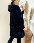 Plus Size Faux Fur Long Gilet with Hoodie in black