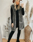 Plus Size Faux Fur Long Gilet with Hoodie in grey
