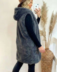 Plus Size Faux Fur Long Gilet with Hoodie in grey