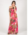 Floral print and leopard print Off Shoulder maxi dress