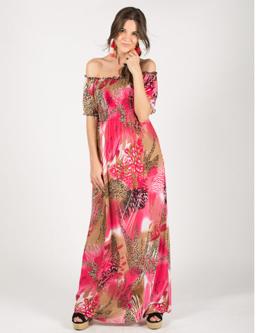 Floral print and leopard print Off Shoulder maxi dress