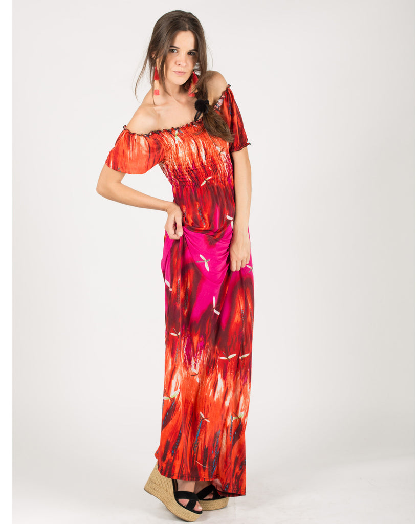 Floral print Off Shoulder maxi dress (Red)
