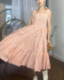 Orange Stripe Print Comfort Cotton Blend Midi Dress