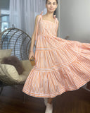 Orange Stripe Print Comfort Cotton Blend Midi Dress