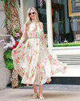 Multi floral print Organza feeling Halter neck maxi dress in Red