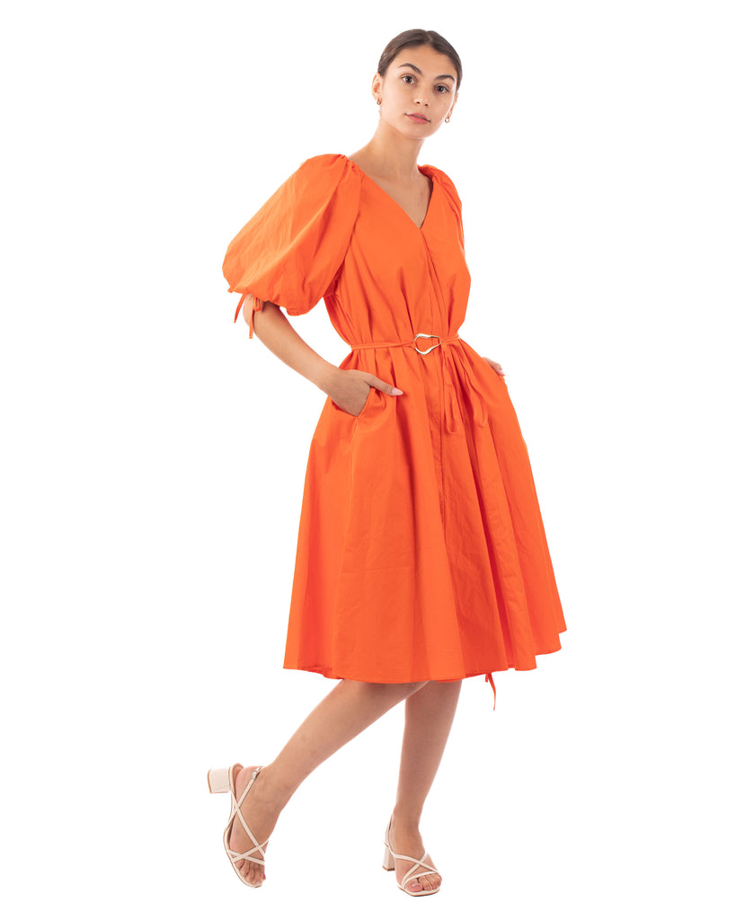 Oversized puff sleeve midi dress in Orange