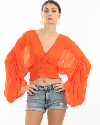 Elaticated body and sleeves oversized top in Orange