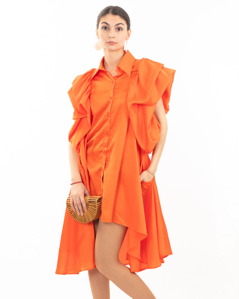 Oversized Ruffle Sleeves shirt dress in orange