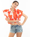 Orange leaves' print with double layer sleeves design crop shirt top
