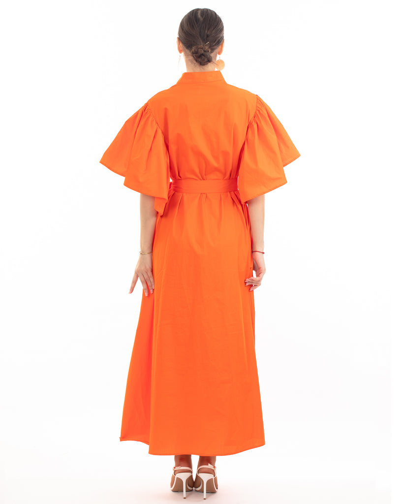 Cotton blend oversized shirt dress with ruffle sleeves design in orange