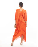 Layers Multi Fringed Tassel Pleated Midi Dress in Orange