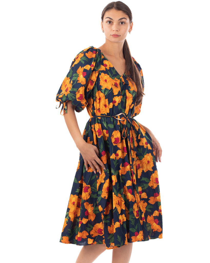 Oversized puff sleeve midi dress in Yellow Floral Print