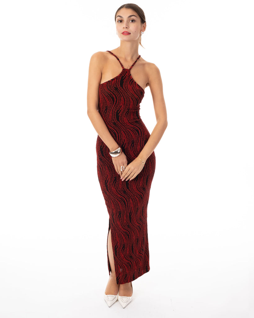 High-neck sleeveless metallic-knit with pattern print maxi dress in Red