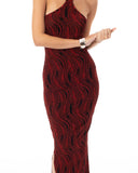 High-neck sleeveless metallic-knit with pattern print maxi dress in Red