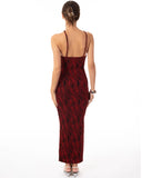 High-neck sleeveless metallic-knit with pattern print maxi dress in Red