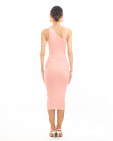 Knitted stretch cotton Bodycon midi dress with Camellias Brooches in pink