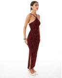 High-neck sleeveless metallic-knit with pattern print maxi dress in Red