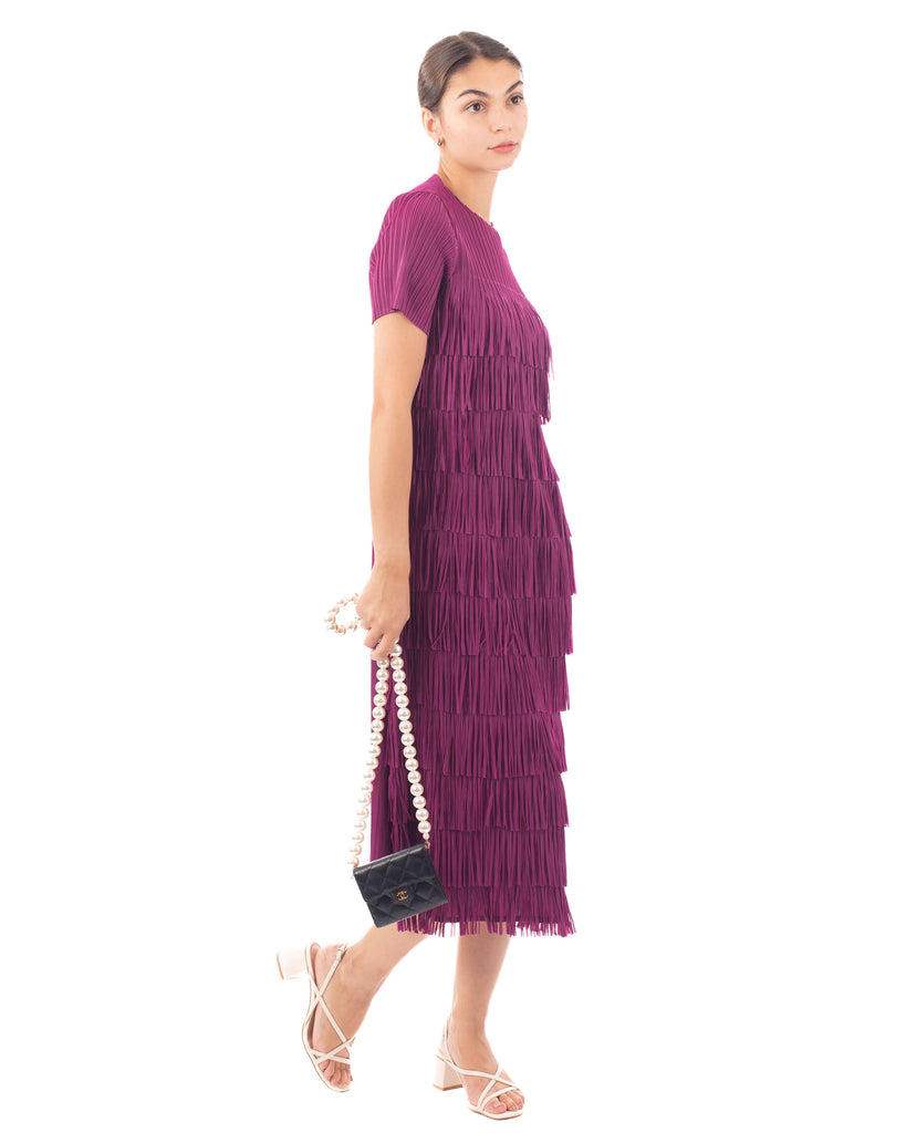 Pleated Midi dress with multi layer fringed tassel design in purple