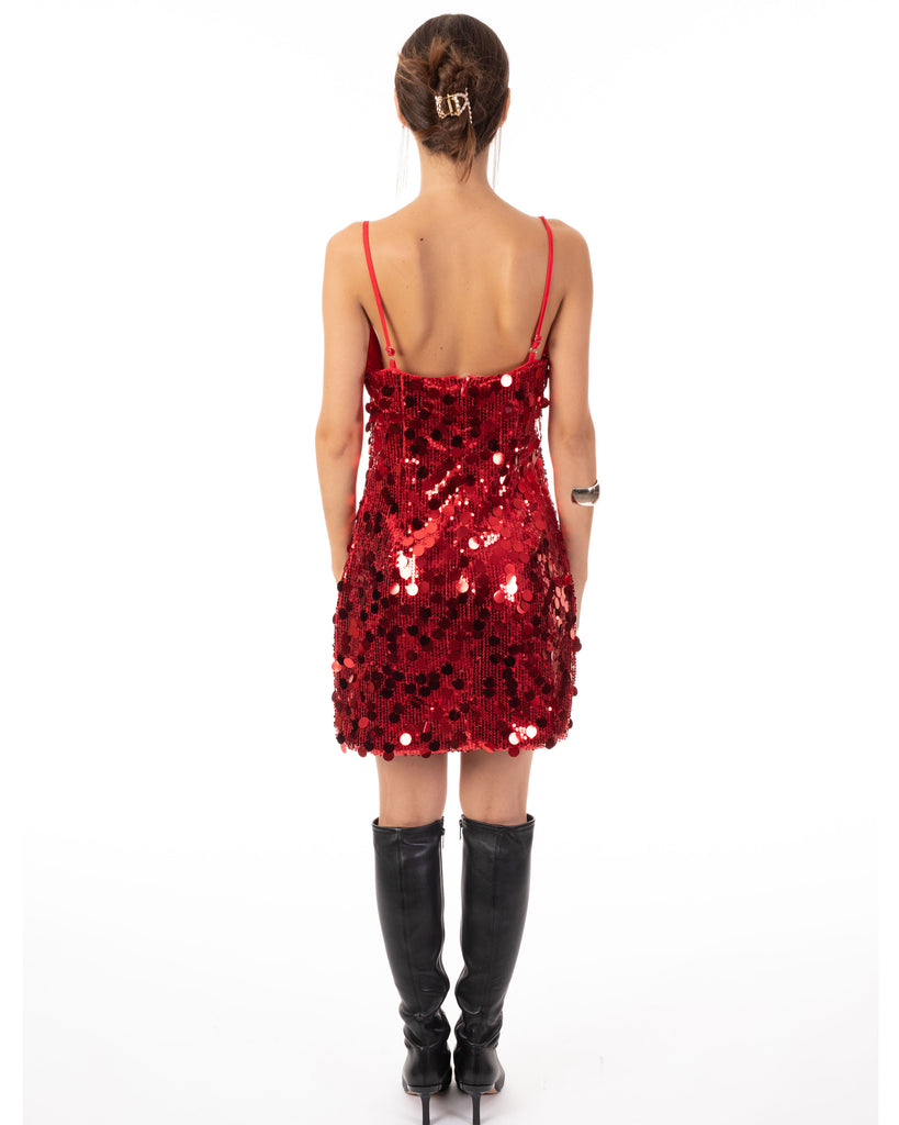 Circle Disc Sequin Strappy Short Dress in RED