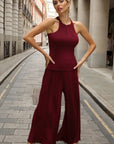 Pleated Cape Top, Vest & Wide Leg Trouser Set In Burgundy
